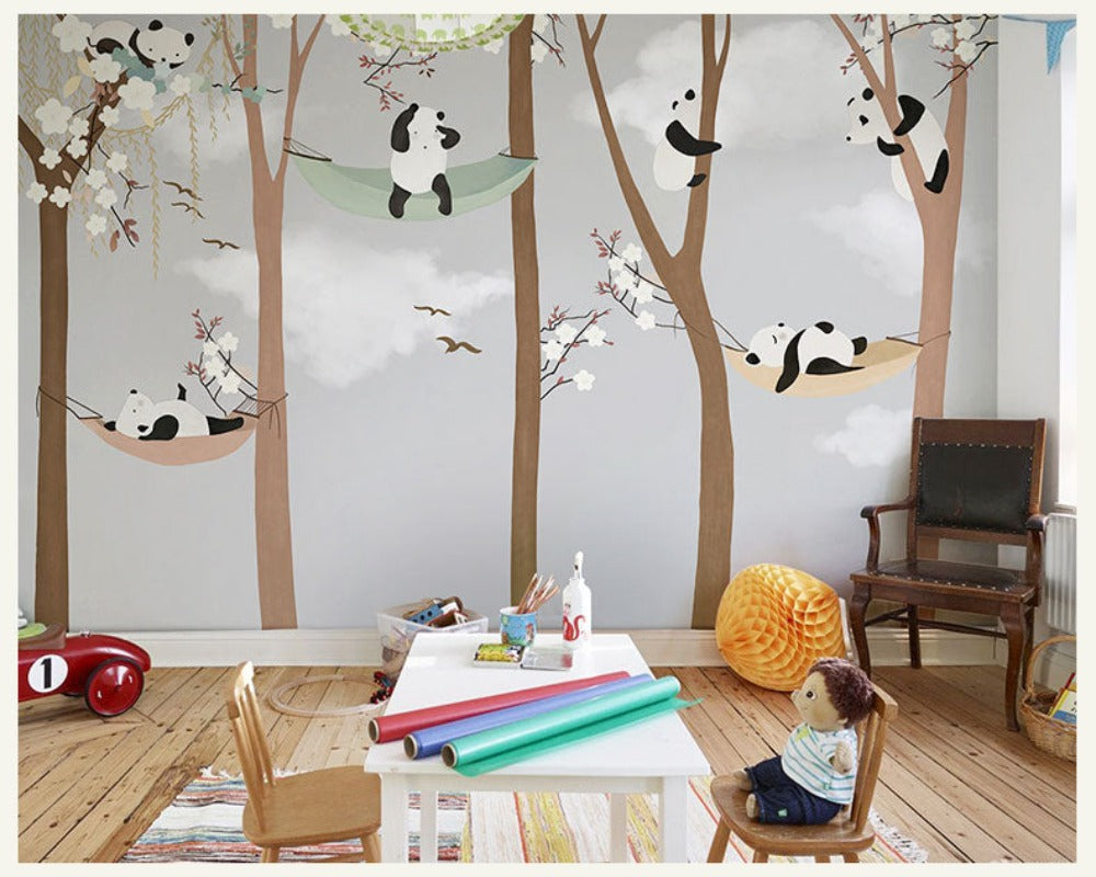 3D Wallpaper Cartoon Panda Trees